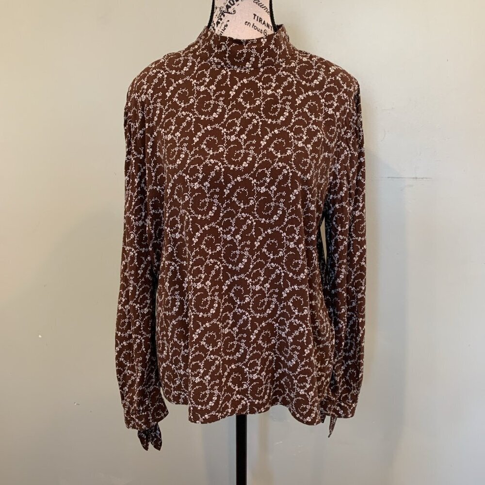 LOFT Women’s Large Brown and White Floral Long Sleeve Mock Neck Top Blouse